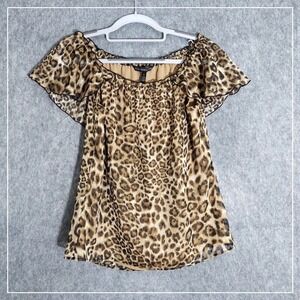 White House Black Market Tunic Xs Cheetah Ruffle  Swiss Dots Gold Mob Wife edgy